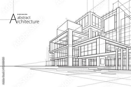 Obraz 3D illustration, abstract modern urban landscape line drawing, imaginative architecture building construction perspective design.