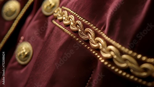 A burgundy velvet blazer with gold braided trim and militaryinspired shoulder detailing perfect for a formal event at the officers club. photo
