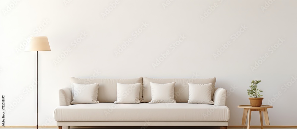 Cozy White Couch with Soft Pillows and Illuminated by a Stylish Lamp Cozy White Couch with Soft Pillows and Illuminated by a Stylish Lamp