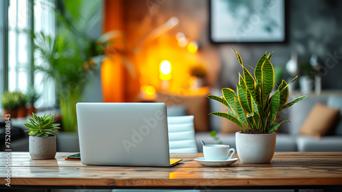 Laptop on wooden table in modern living room with green plant.