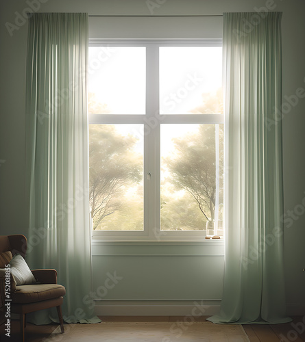 Interior of a room with green curtains and a chair. 3d rendering