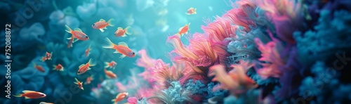 exotic fishes are swimming in blue sea water with pink corals. Summer vibes