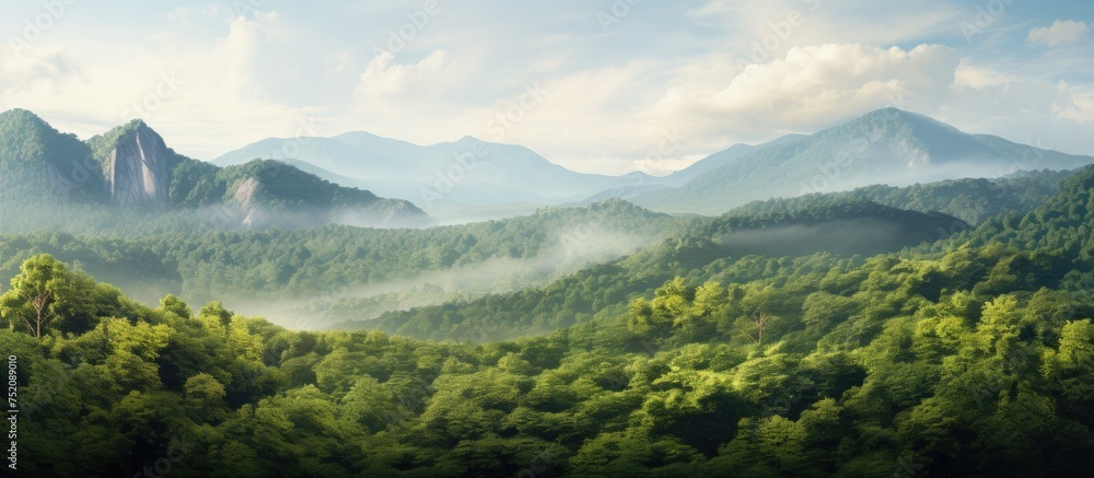 Serene Mountain Range with Sparse Trees Amidst Majestic Peaks and Verdant Forest - obrazy, fototapety, plakaty 