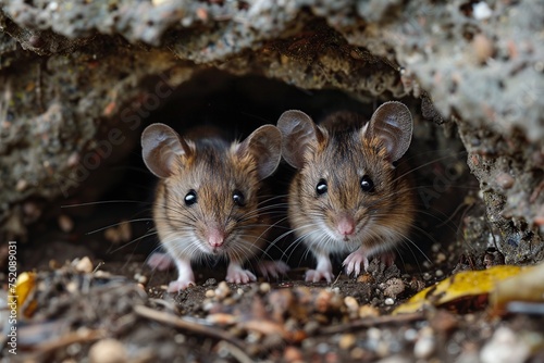 Two Brown Mice Sitting in a Hole