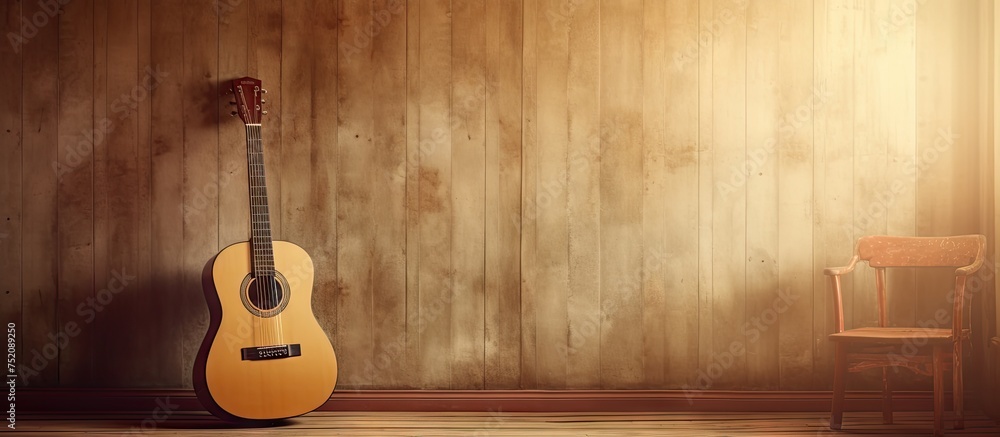 Soulful Guitar Resting in a Cozy Vintage Room with Wooden Accents - obrazy, fototapety, plakaty 