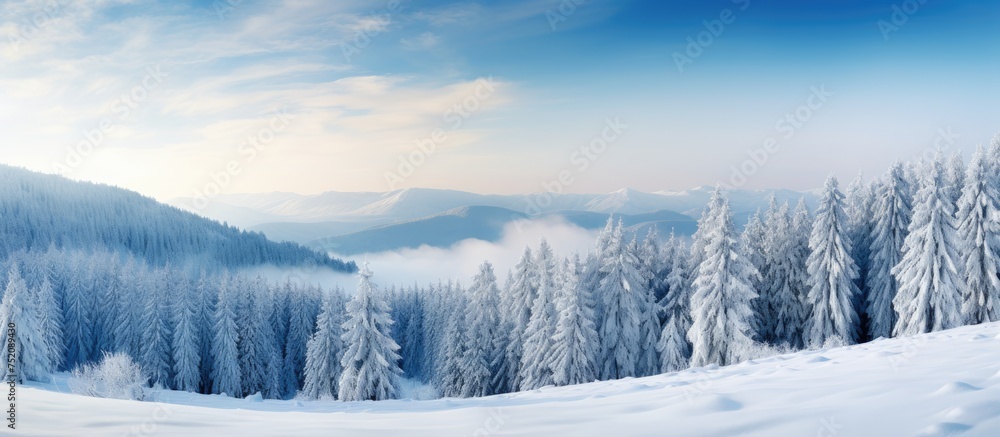 Serene Winter Wonderland: Majestic Snowy Landscape with Towering Mountains and Enchanting Forest