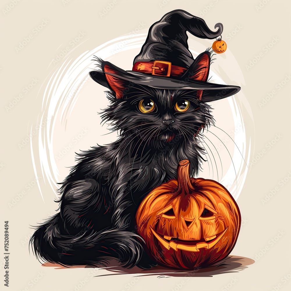 Black Cat Wearing Witches Hat Holding Pumpkin Black Cat Wearing Witches Hat Holding Pumpkin