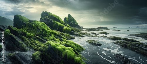 The Mysterious Depths: Serene Seascape with Enigmatic Green Algae Rocks in Awe-Inspiring Darkness