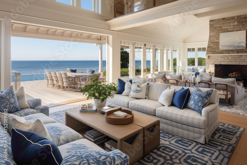 Coastal sophistication reflected in a living space adorned with deep blue upholstery, coral-patterned rugs, and seashell decor, basking in the glow of summer light © Danish