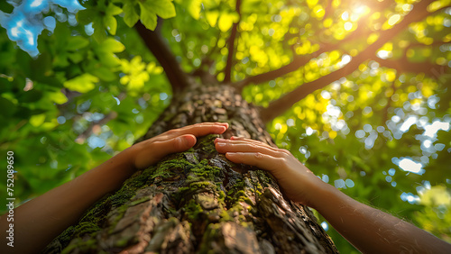Human hand touching a tree in the rainforest. Concept of loving nature.