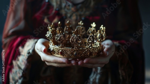 Cinematic photo of a beautiful queen holding a magnificent crown in her hands darker colours