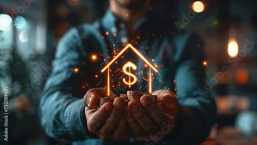 Businessman holding house icon, concept of saving money for home.