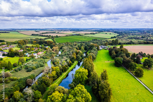 Aerial view of River Itchen valley and surrounding rural landscape. Hampshire, UK 