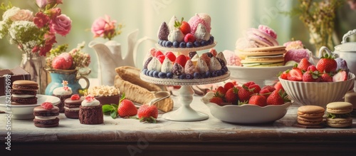 Indulging in a Delicious Spread of Cake, Tea, and Strawberries for a Relaxing Afternoon Treat
