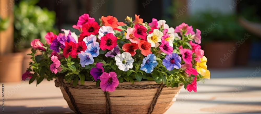 Bountiful Summer Delight: Basket Overflowing with Multicolored Petunias in full bloom