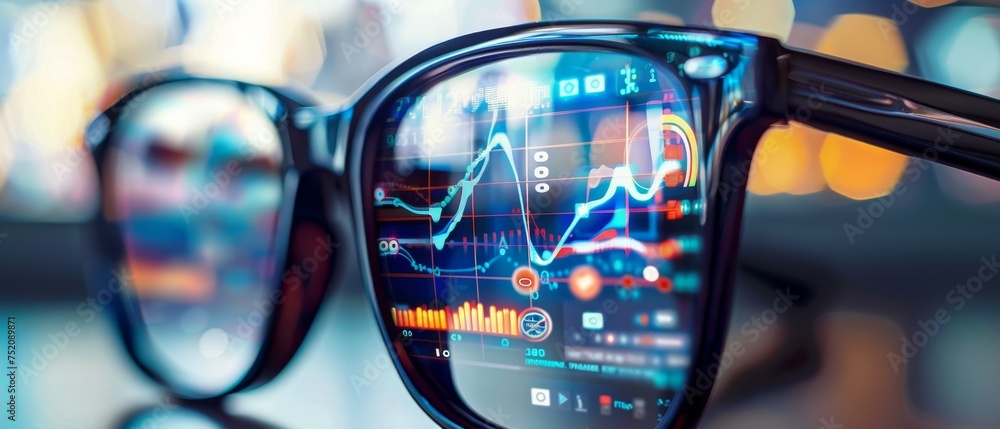 Eye health monitoring smart glasses displaying data analytics on lens in an everyday use scenario Eye health monitoring smart glasses displaying data analytics on lens in an everyday use scenario