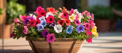 Bountiful Summer Delight: Basket Overflowing with Multicolored Petunias in full bloom © vxnaghiyev