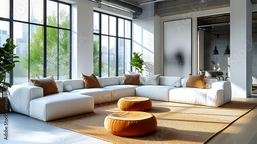 Modern living room interior design with white sofa and orange cushions.