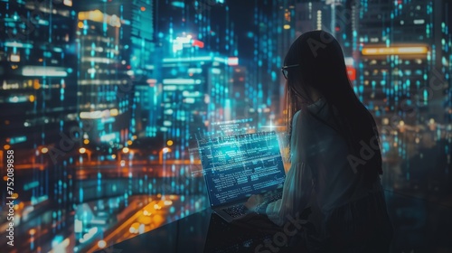 Woman contemplating data analytics and cybersecurity research with laptop and holographic code overlay at night - it solutions concept