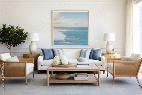 Coastal tranquility captured in a living space featuring marine blue upholstery, crisp white walls, and golden accents, with the summer sun casting a warm, inviting glow