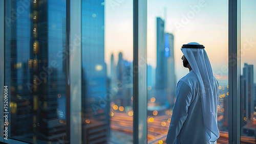 Successful arab businessman standing in his modern office looking at skyscrapers.