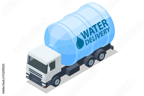 Isometric Water delivery service. Truck carrying plastic containers of drinking water