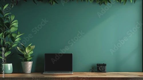 Wallpaper Mural Laptop on wooden desk against vibrant green wall background - minimalist workspace concept Torontodigital.ca