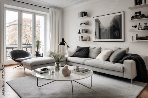 Contemporary chic in a Scandinavian-inspired living room with a monochromatic color scheme and sleek furniture.