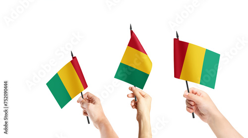 A group of people are holding small flags of Guinea in their hands.