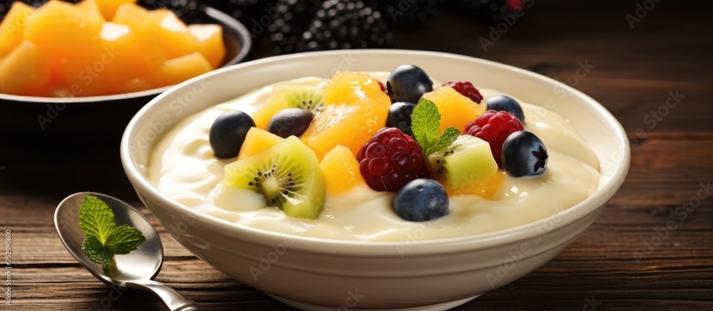 Indulgent Fruit Salad Delight with Sweet Yories and Creamy Custard Served in a Bowl Indulgent Fruit Salad Delight with Sweet Yories and Creamy Custard Served in a Bowl