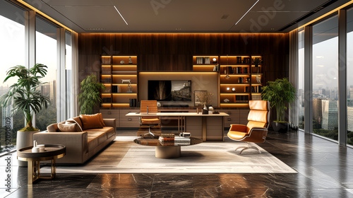 Contemporary living room interior with furniture and fireplace. © Narin