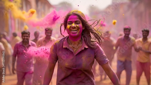 Holi celebrations concept, A Indian girl with colored powder on her face and clothes with blurred color splash in the background, AI-generated