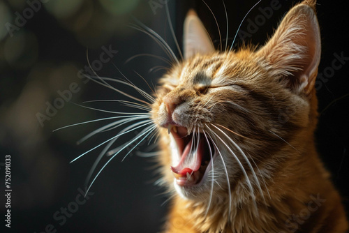 Red cat yawns, close-up. Pet