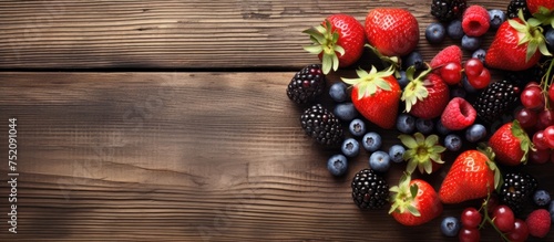 Abundant Harvest of Fresh Berries and Juicy Strawberries Arranged on a Rustic Wooden Table