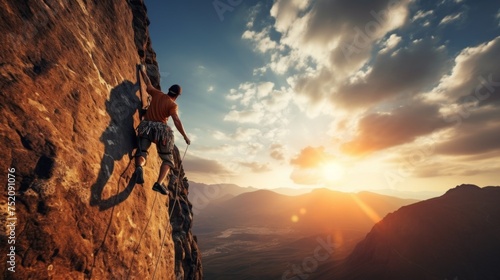 A sporty man climbs a cliff with safety climbing equipment against the background of a wonderful sunset. Extreme outdoor sports, Active lifestyle, bouldering concepts. Horizontal banner, Copy space.