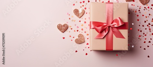 Elegantly Wrapped Gift Box Surrounded by Love Notes and Heart-Shaped Tinsel © vxnaghiyev