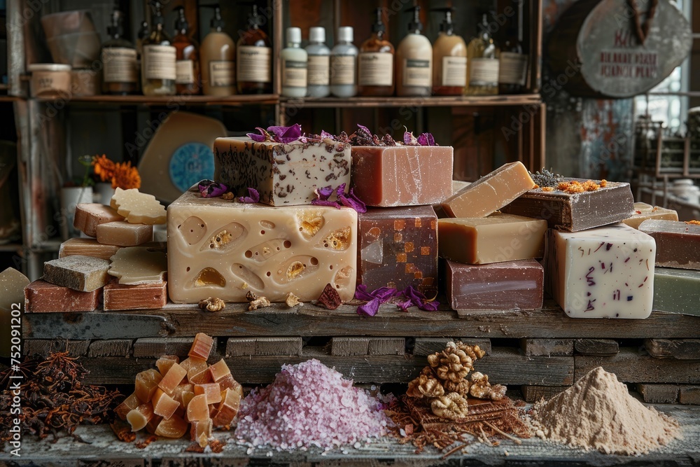 An artistic composition of handmade soaps and scrubs with rustic charm An artistic composition of handmade soaps and scrubs with rustic charm