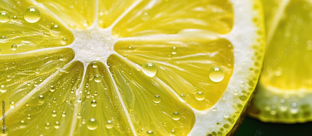 Vibrant Lemon Slice Close-Up: Freshness and Citrus Delight with Water Droplets Vibrant Lemon Slice Close-Up: Freshness and Citrus Delight with Water Droplets