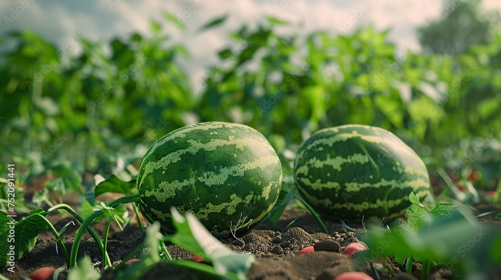 Watermelons Growing in Field With Green Leaves Watermelons Growing in Field With Green Leaves