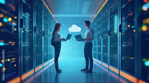 Collaborative it professionals discuss work in data center - male specialist with laptop engages female technician at server rack with cloud icon, technology industry concept © touseef