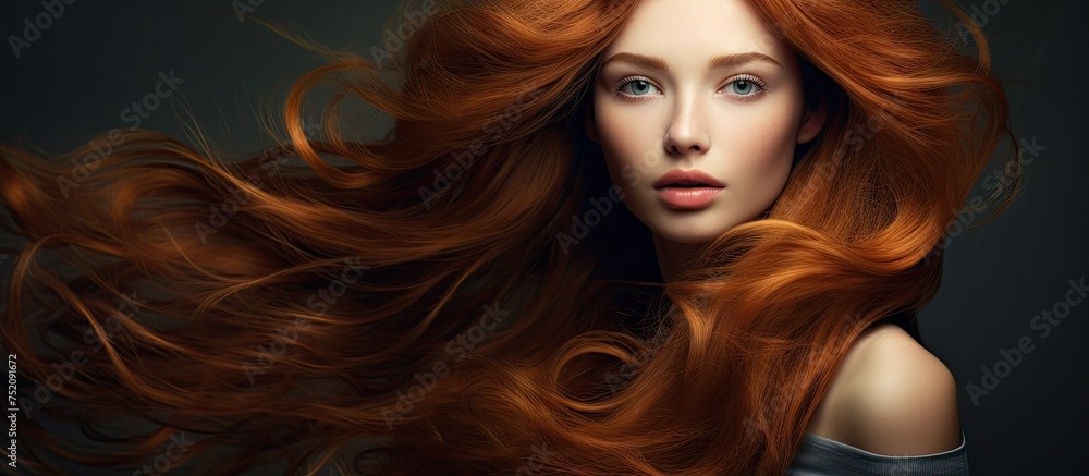 Naklejka premium Vibrant Red-haired Woman in Artistic Portrait with Flowing Hair and Clean Skin