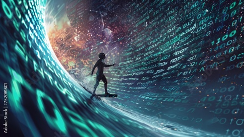 Entrepreneur riding the waves of binary code: futuristic business concept photo