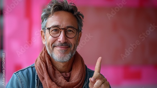 A Caucasian middle-aged man in casual attire confidently smiles and signals with his hand, indicating a small measurement.