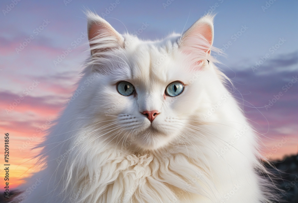 Beautiful fluffy white cat with bicolor eyes on sunset light background