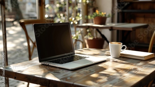 Laptop computer mockup with coffee and book on cafe table, modern workspace concept