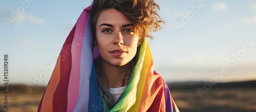 Vibrant Rainbow Scarf Adorns Happy Woman in Outdoor Portrait Session