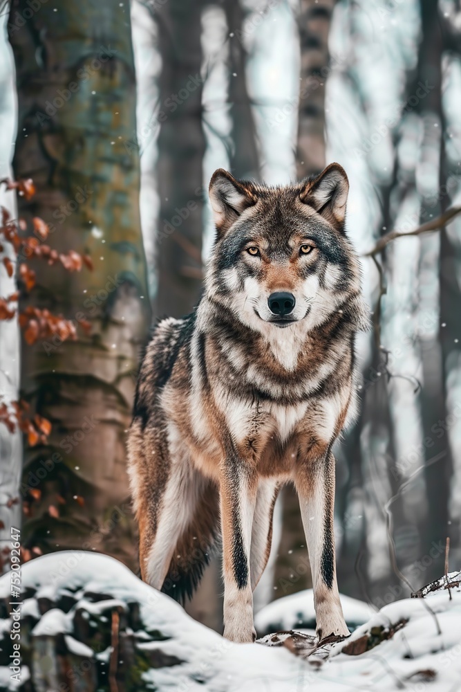 Naklejka premium majestic gray wolf with watchful eyes in the winter