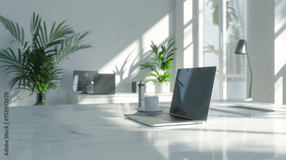 Contemporary workspace: minimalist white office with laptop computer mockup Contemporary workspace: minimalist white office with laptop computer mockup