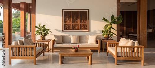 Organic Chic: Handcrafted Teak Wood Furniture in a Lush Villa Living Room Oasis photo