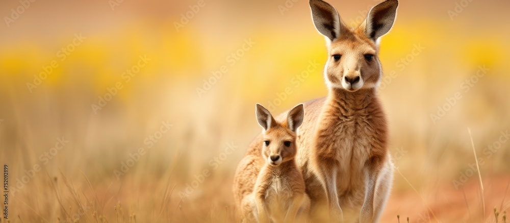 Tender Moment: Kangaroo Mother Caring for Baby Joey in the Australian Wilderness Tender Moment: Kangaroo Mother Caring for Baby Joey in the Australian Wilderness